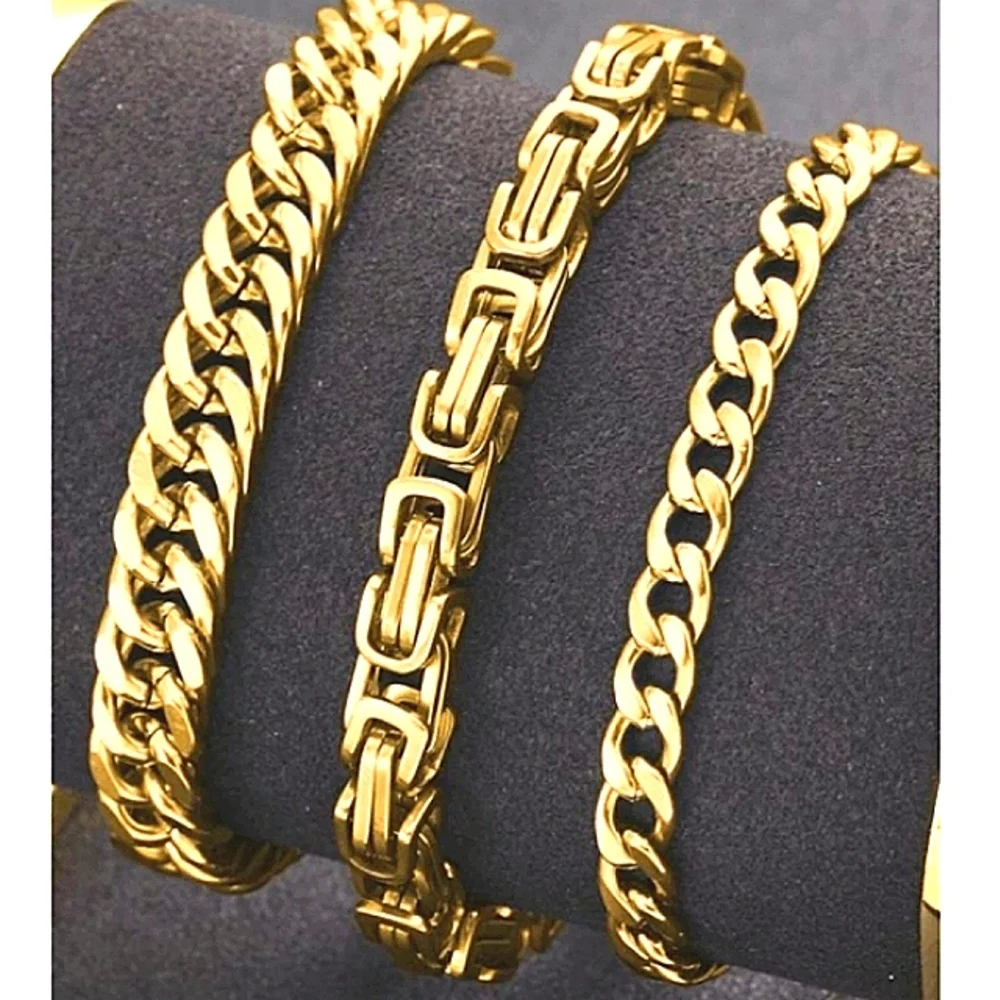 Men's Gold Thick Chain Style Stainless Steel Bracelet NEW One Piece Chain B…